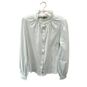 BODEN Petite Light Green Lace Trim Button Blouse Long Sleeve Cotton NWT | Size 6